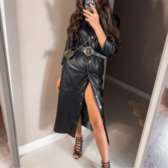 Zara * Faux Leather Midi Dress Black Belted Size XS S - Picture 8 of 10